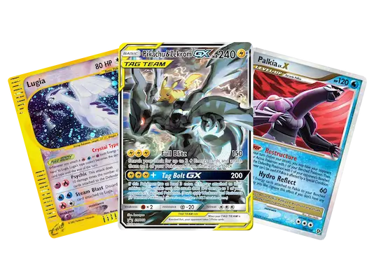 Collectible Pokémon trading cards featuring Pikachu, Lugia, and Palkia in vibrant colors.