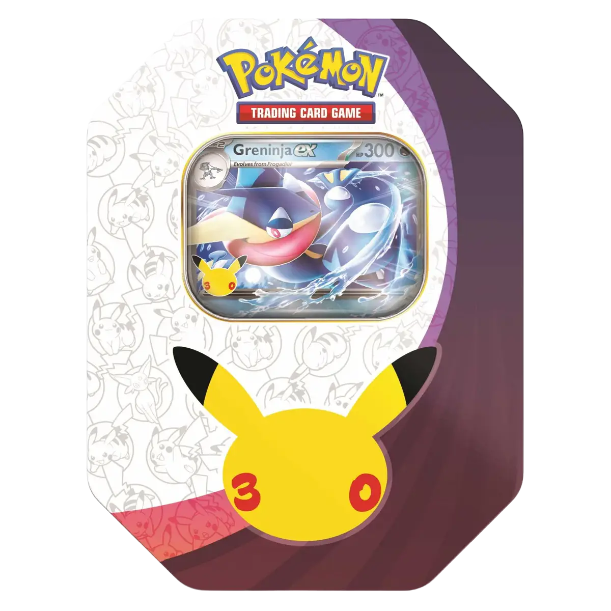 30th Celebration Greninja Tin design featuring Pikachu and Greninja EX card display.