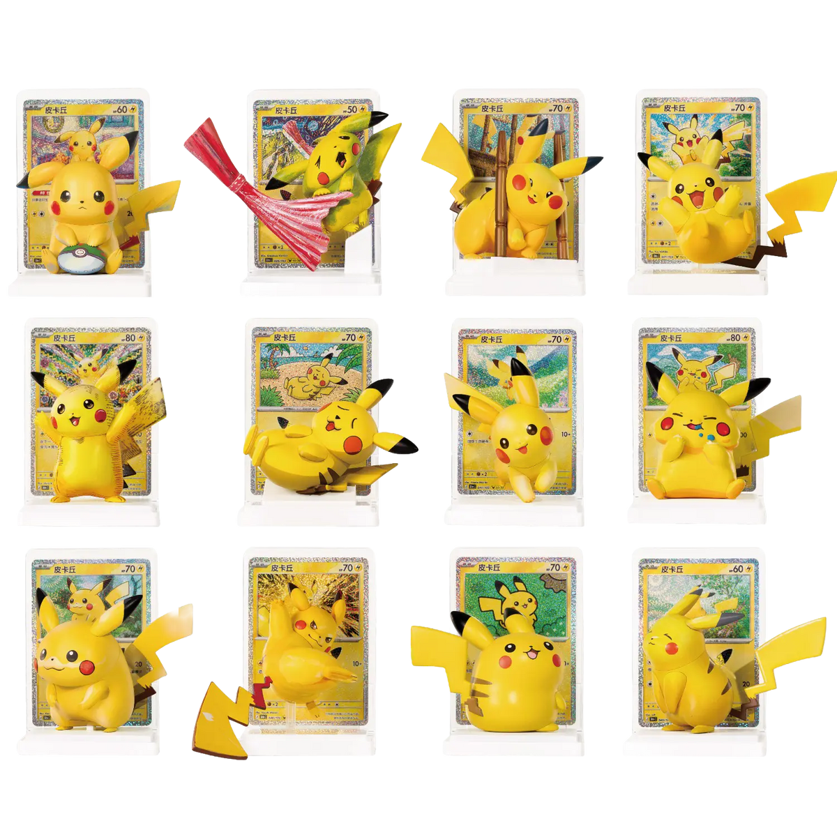 Blind box met Pikachu-figuren ter ere van het 30-jarig jubileum, inclusief diverse Pikachu-figuren en Pokémon-kaarten.