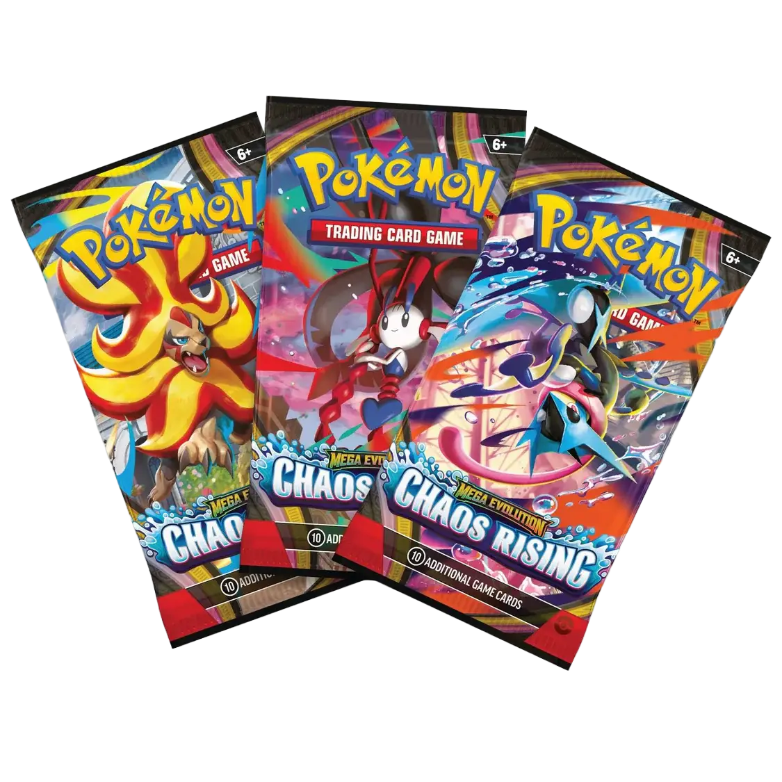 Chaos Rising 3-Pack Blister featuring 3 Booster Packs from Pokémon Mega Evolution series.