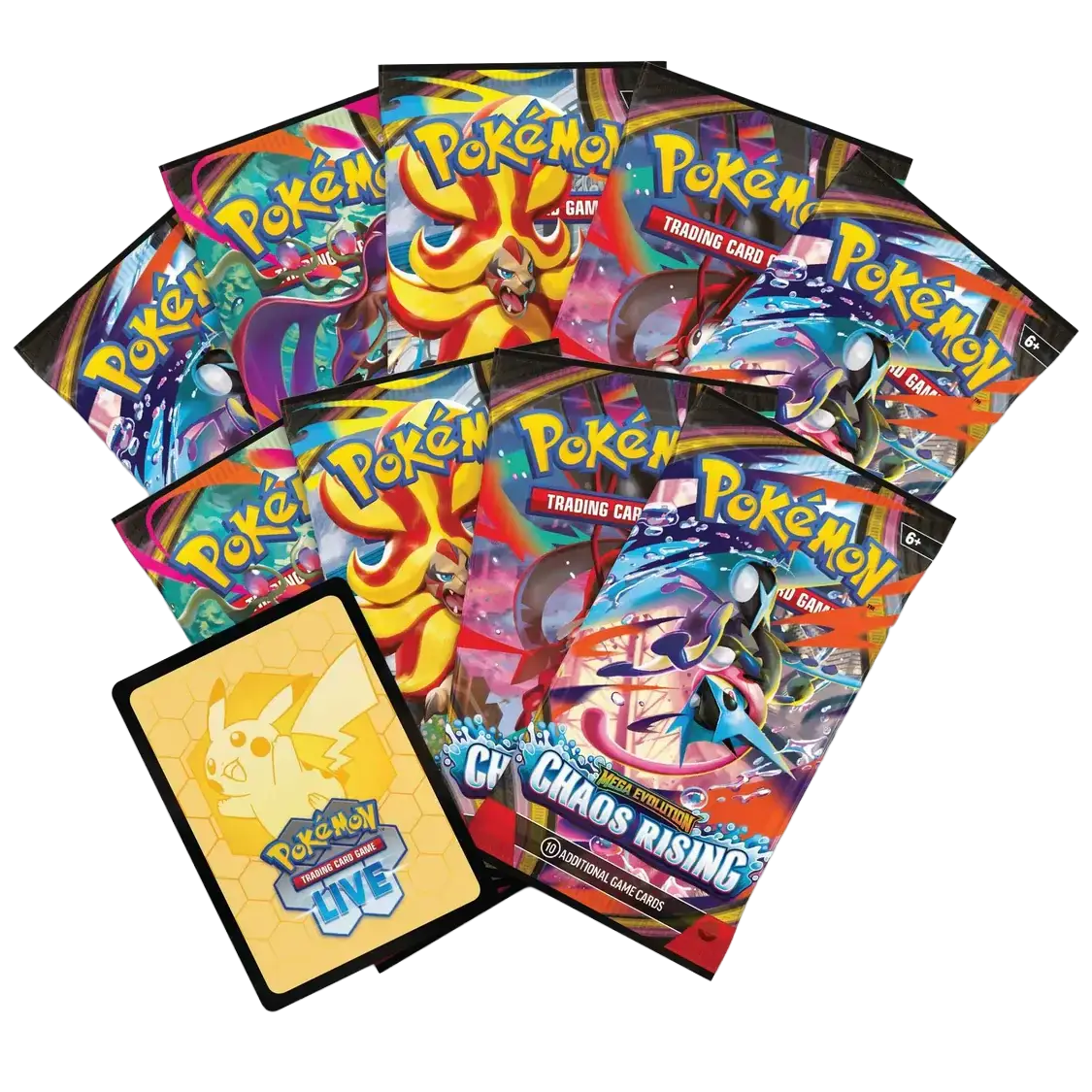 Boîte d'entraîneur d'élite Chaos Rising avec 9 paquets de boosters et carte de code Pokémon TCG Live.