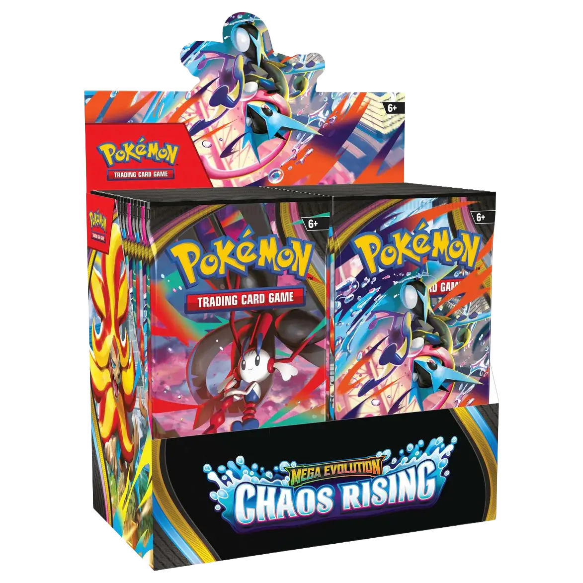 Chaos Rising Booster Box Case with six Pokemon booster boxes featuring Mega Evolution characters.