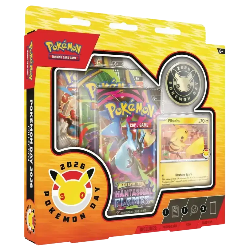 Collection Pokémon Day 2026 avec un promo Pikachu et des paquets Méga-Évolution comme Flammes Fantomatiques.
