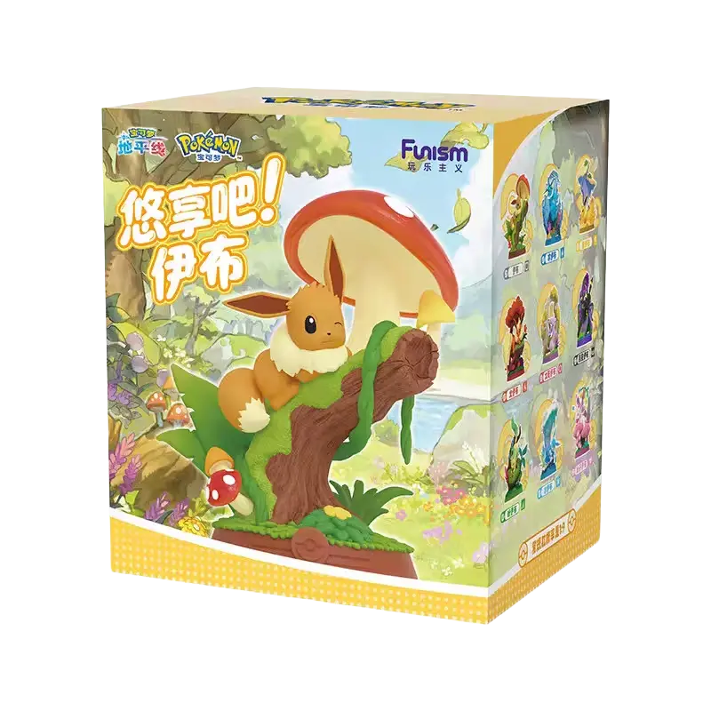 Relax & Enjoy Evee Blind Box featuring Eevee on a tree with a mushroom in a vibrant nature setting.