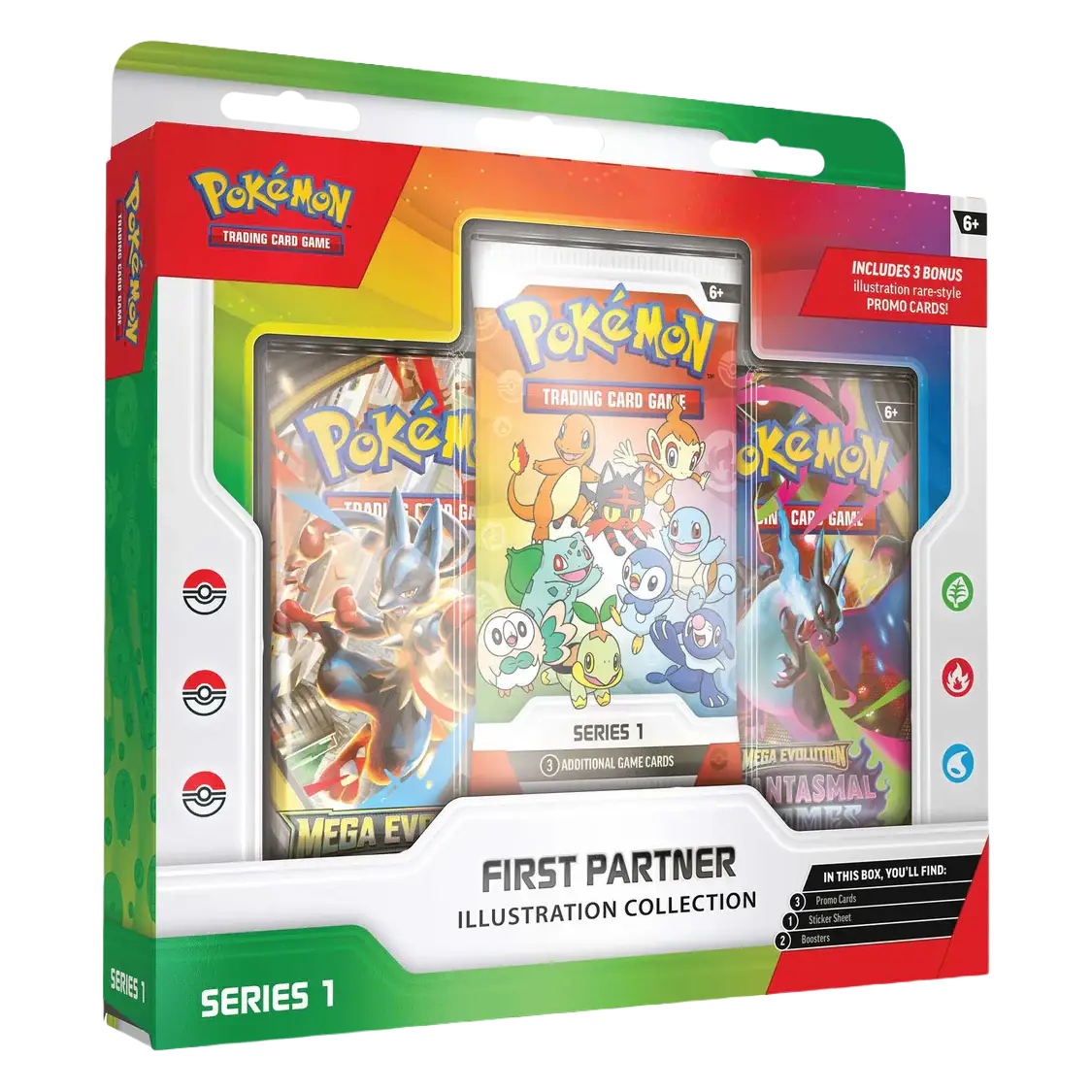 First Partner Illustration Collection Series 1 featuring exclusive promo cards and three booster packs from Pokémon.