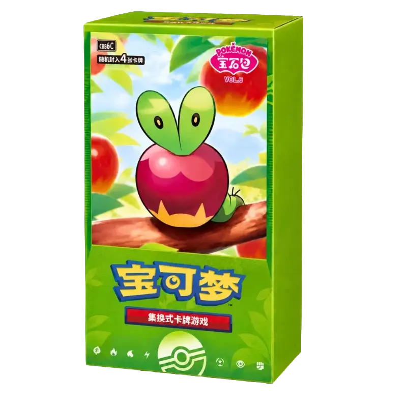Gem Pack Vol. 6 Booster Box (Live-stream) featuring Applin character design and vibrant fruit-themed packaging.