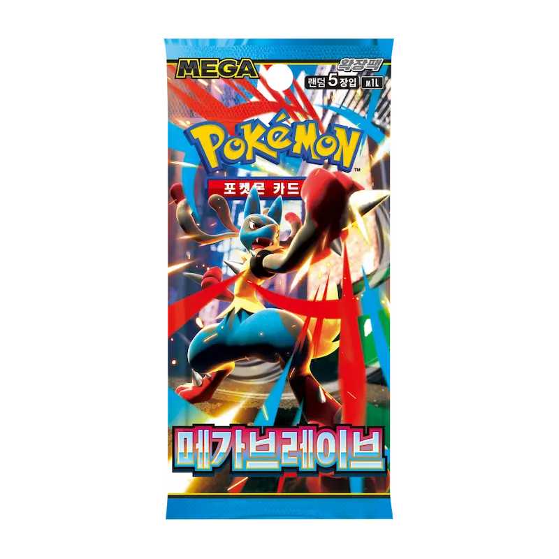 Mega Brave Korean Booster Box featuring a Pokémon booster pack with colorful design and characters.