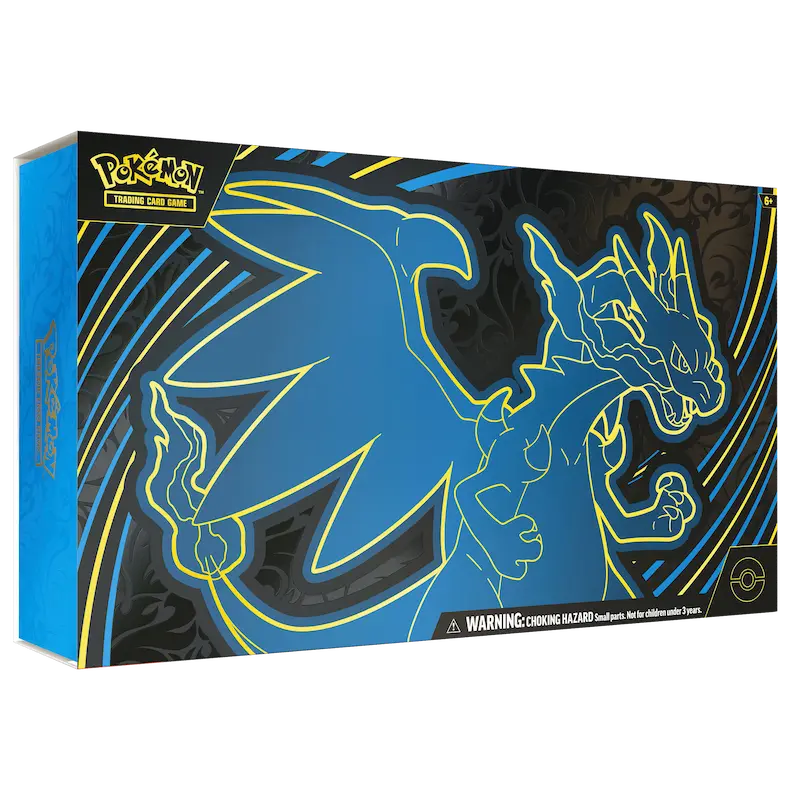 Mega Charizard Ultra Premium Collection box featuring blue outline of Mega Charizard X, perfect for Pokémon collectors.