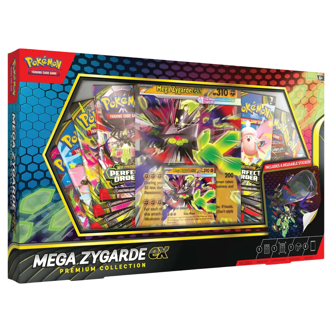 Mega Zygarde ex Premium Collection Box (Live-stream) featuring Mega Zygarde ex and trading cards in a vibrant box design.