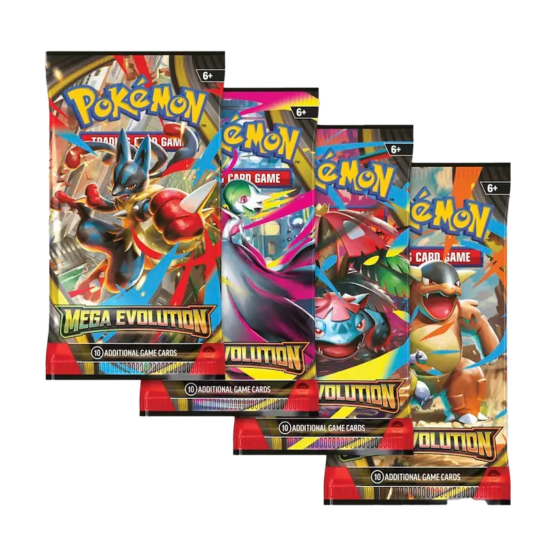 Mega Evolution Booster Box (Live-stream) featuring booster packs with Mega Evolution Pokémon cards.