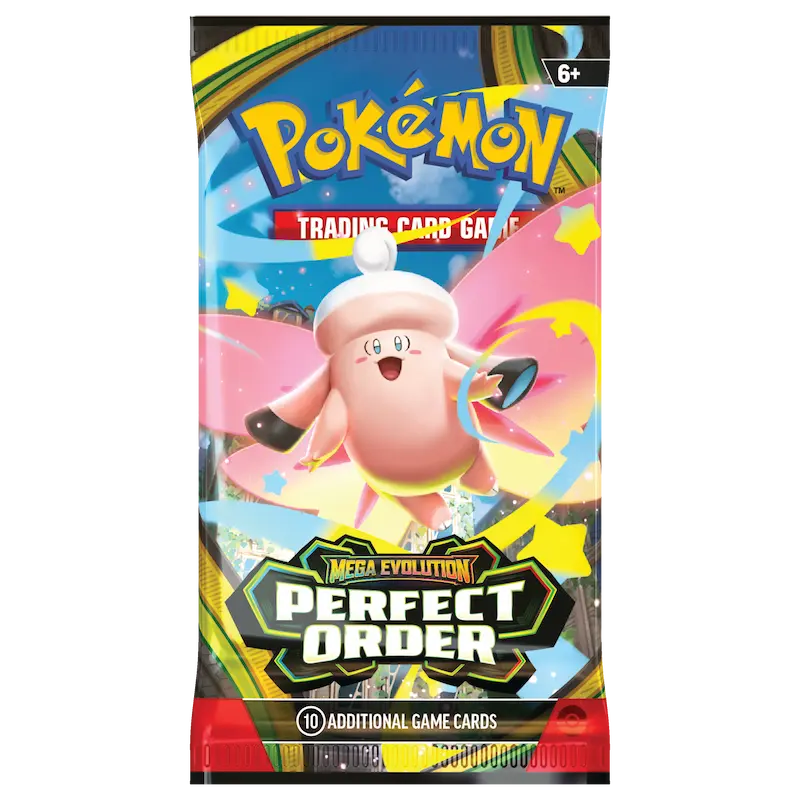 Perfect Order Booster Box featuring Pokémon Mega Evolution and booster pack design.