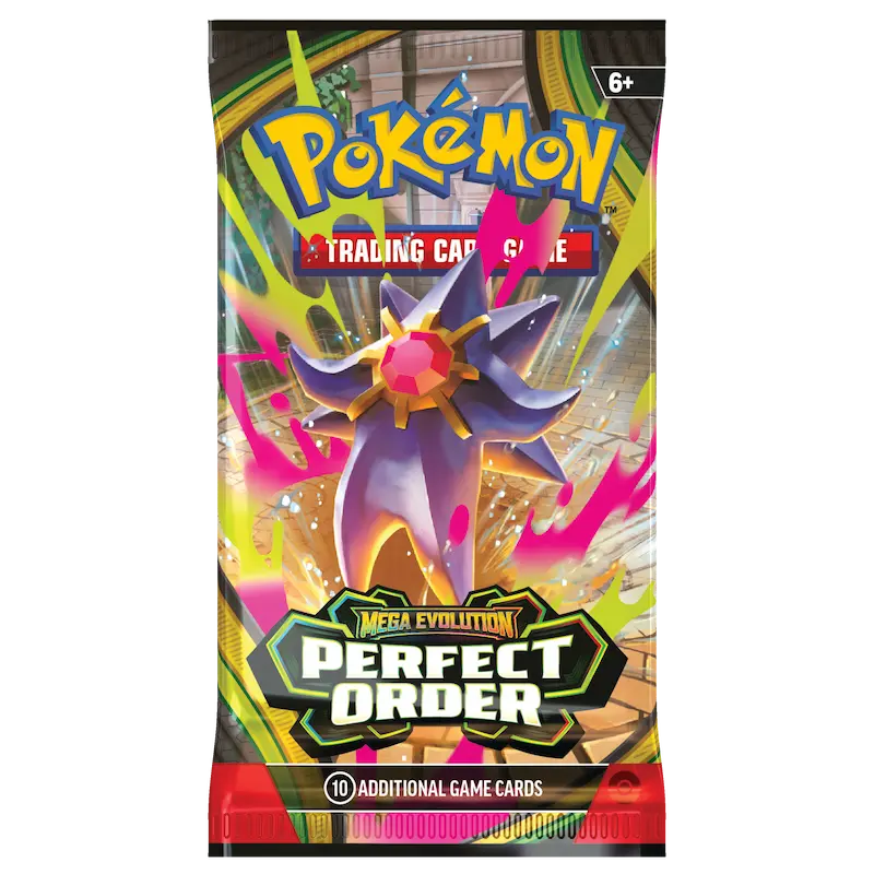 Pokémon Perfect Order Booster Box packaging featuring Mega Evolution and vibrant design.