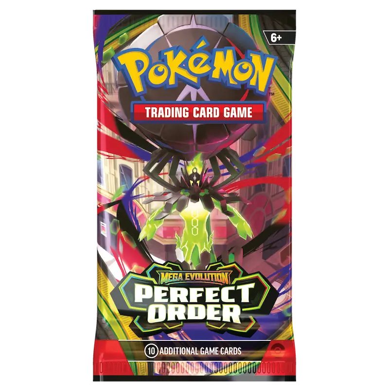Pokémon Perfect Order Booster Box featuring Mega Zygarde, includes 10 additional game cards and vibrant artwork.