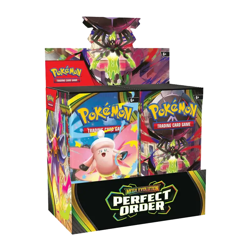 Perfect Order Booster Box featuring 36 booster packs from the Pokémon Trading Card Game Mega Evolution era.