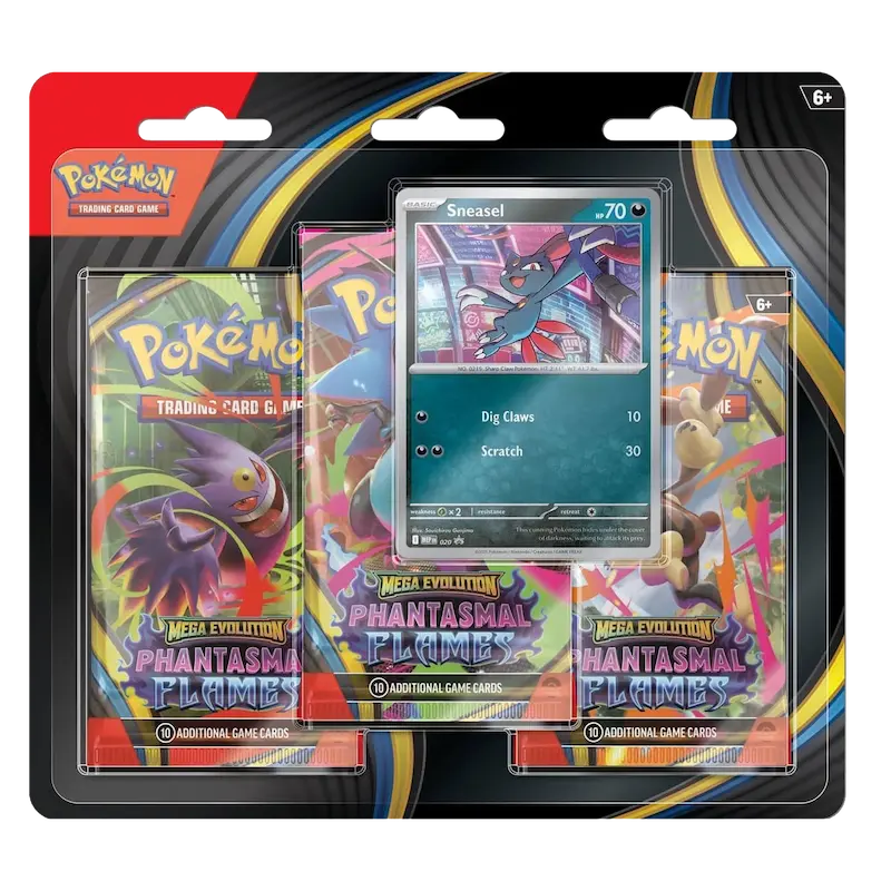 Phantasmal Flames 3P Blister (Live-stream) featuring Sneasel promo card and booster packs.