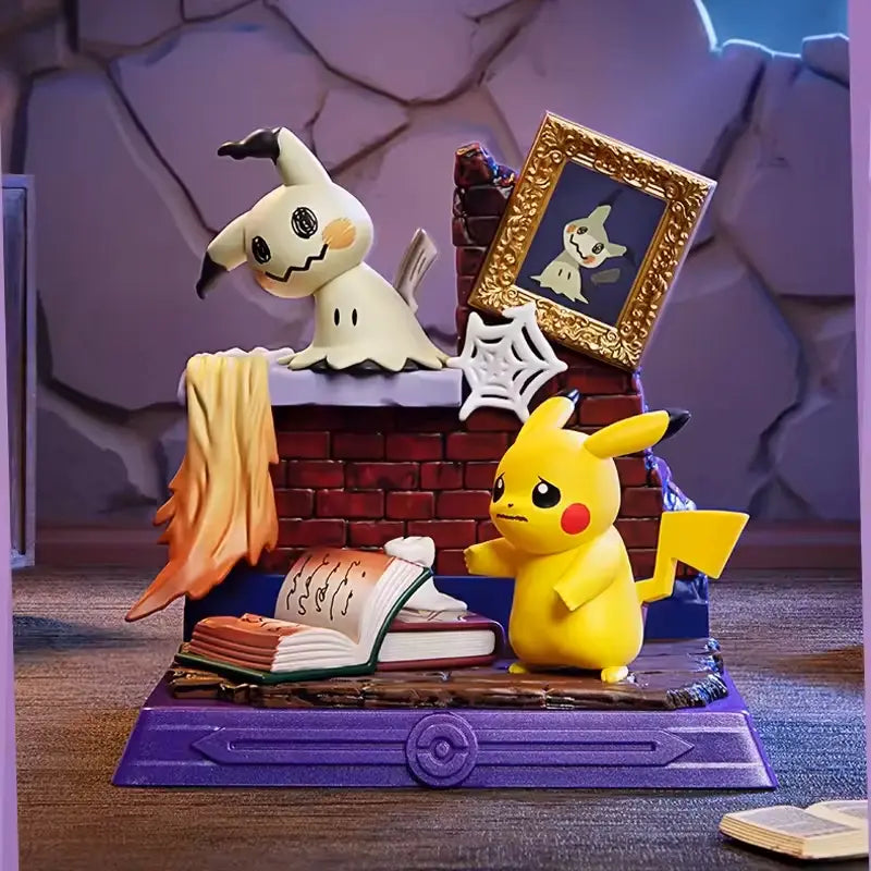 Pikachu and Friends Figure Blind Box featuring Pikachu, Mimikyu and spooky decor.