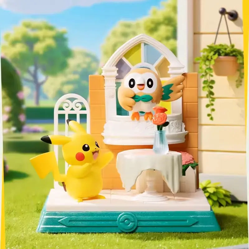 Pikachu and Friends Figure Blind Box featuring Pikachu and Rowlet in a charming scene.