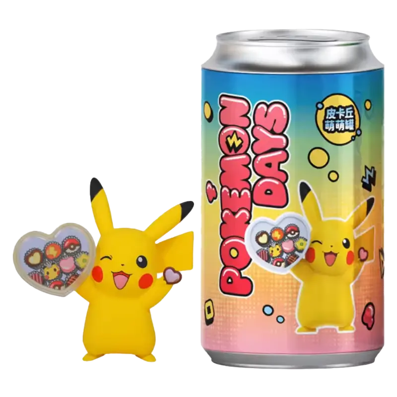Figurine Pikachu Bonbon à côté d'une boîte colorée Pokémon Days, montrant Pikachu tenant un bonbon en forme de cœur.