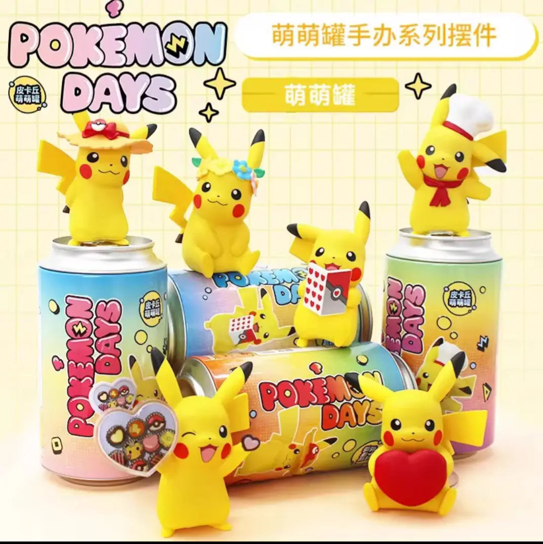 Pikachu Bonbon Figure display with six different styles on cans, perfect for Pokémon fans.