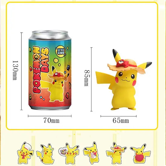 Pikachu Bonbon Figure next to a colorful Pokémon Days can, showcasing dimensions of each.