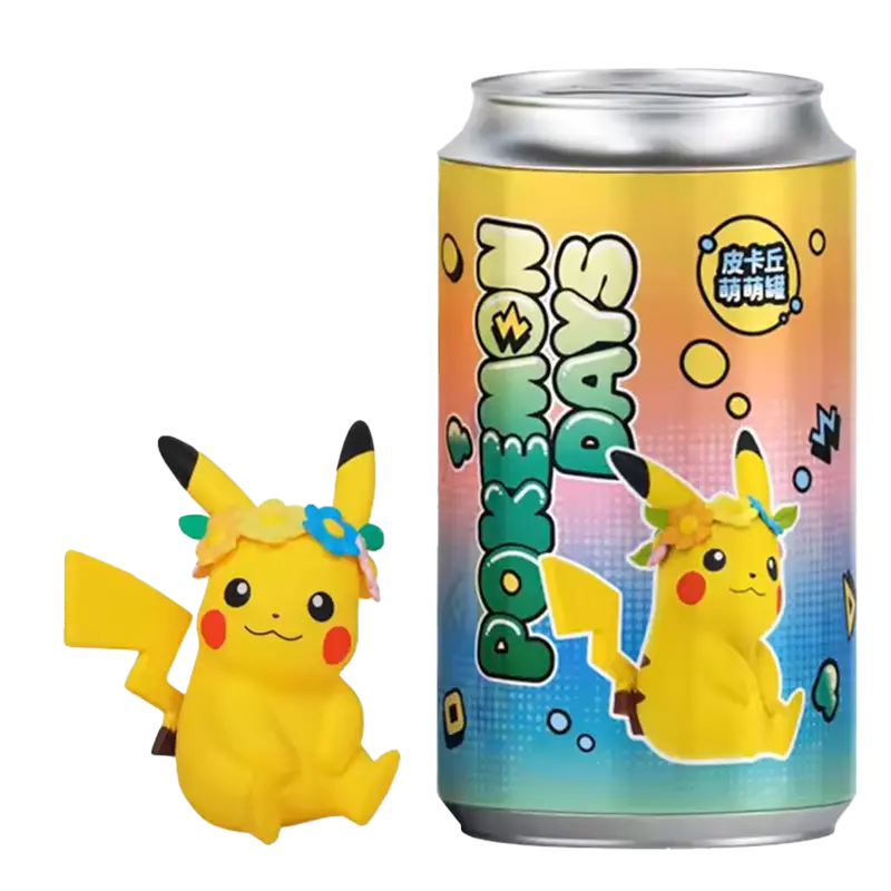 Pikachu Picknick Figure Can featuring a Pikachu figure next to a colorful soda can, perfect for Pokémon fans.