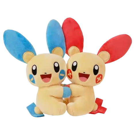 Pokémon Plush and Card Blind Box featuring two adorable Pokémon plushies with blue and red ears.