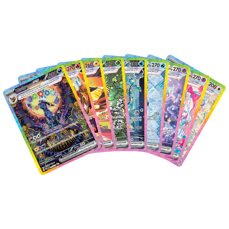 Collection of colorful Pokémon trading cards featuring various characters and stats displayed prominently.