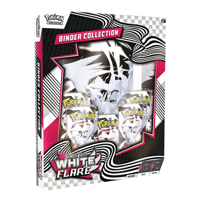Pokémon White Flare Binder Collection featuring booster packs from Scarlet & Violet SV10.5 set.