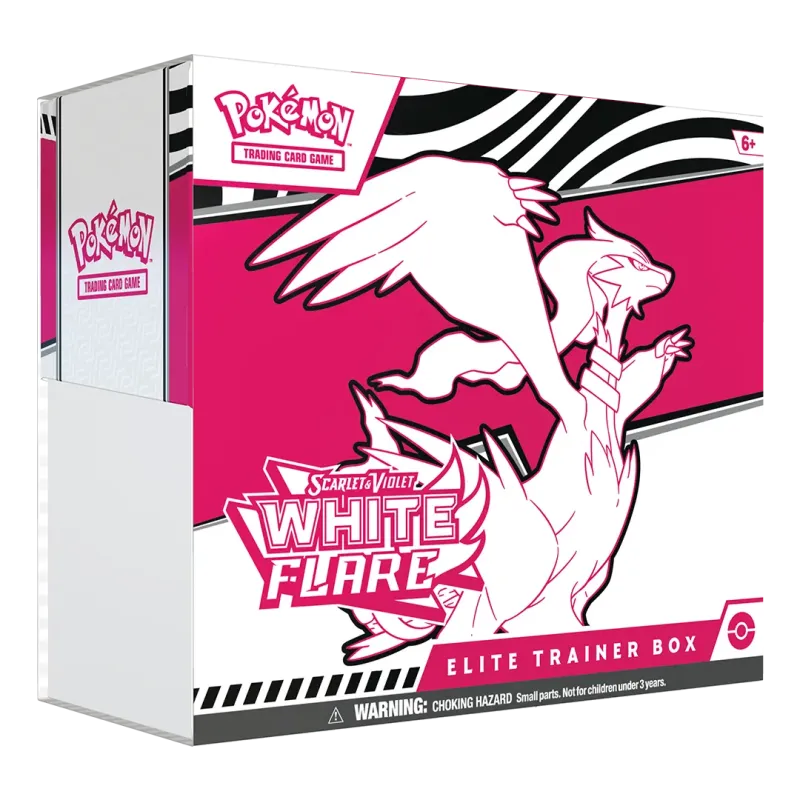 Pokémon White Flare Elite Trainer Box showcasing Scarlet & Violet design with graphic art and booster pack details.