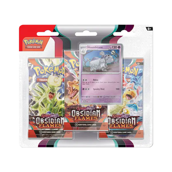 Pokémon SV03 Obsidian Flames 3er-Pack-Blister mit Hundstein und TCG-Karten in farbenfroher Verpackung.