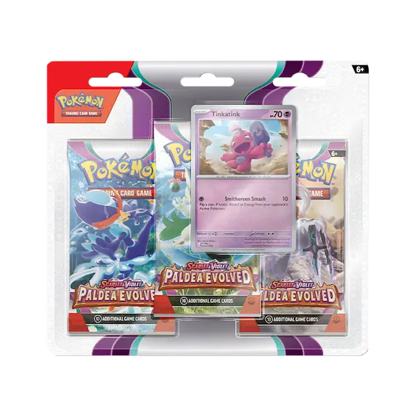Pokémon SV02 Paldea Evolved 3er-Pack-Blister mit Tinkaton und Boostern aus der Erweiterung Scarlet & Violet.