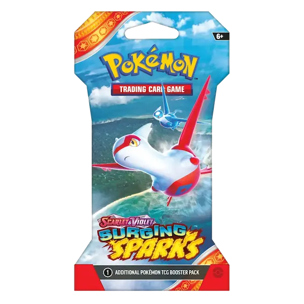 Plaquette de booster Pokémon Surging Sparks sous blister pour le JCC Écarlate et Violet avec de magnifiques designs de cartes.