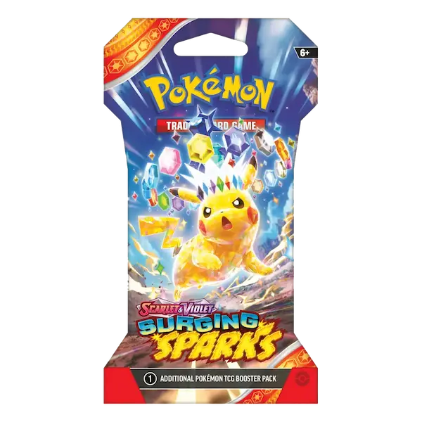 Surging Sparks Sleeved Booster Pack featuring Pokémon SV08 with colorful graphics and a vibrant design for collectors.
