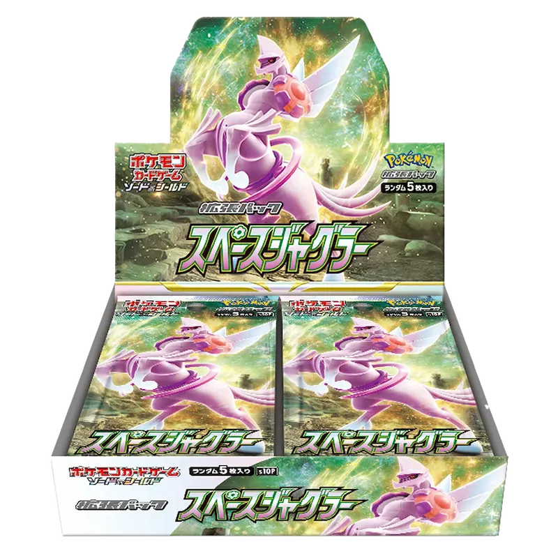 Space Juggler Booster Box featuring Pokémon TCG packs in a display box with vibrant artwork.