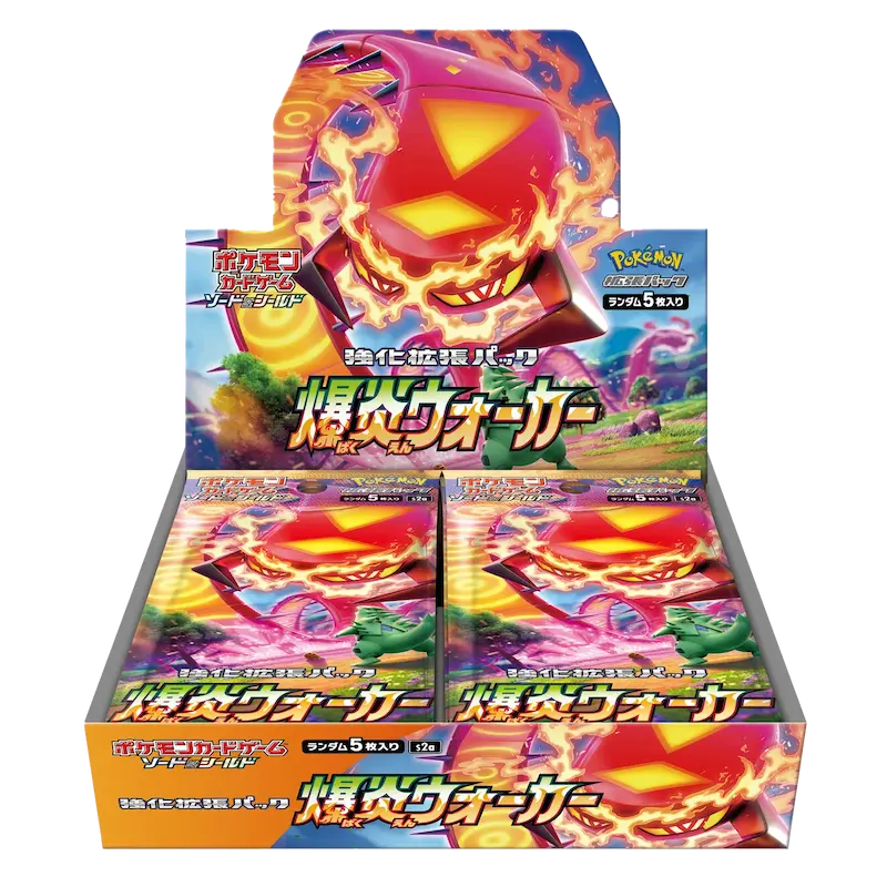 Explosive Flame Walker Booster Box featuring vibrant artwork and 30 booster packs for Pokémon trading card game.