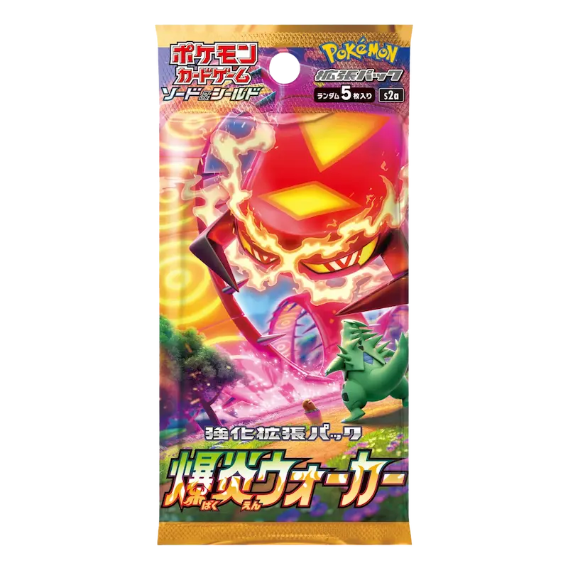 Explosive Flame Walker Booster Pack featuring vibrant artwork and Pokémon characters on the packaging.