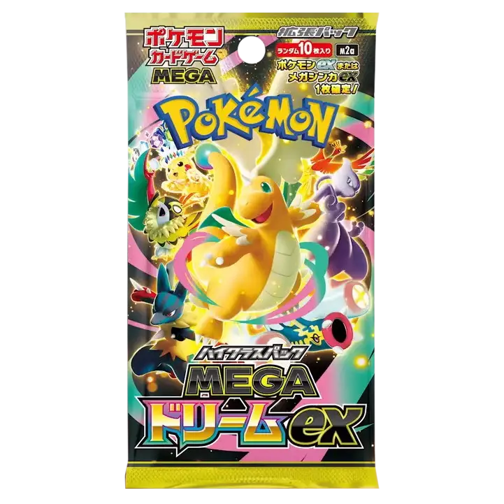 Mega Dream Booster Box (Live-stream) featuring a vibrant Pokémon Mega Dream EX Booster Pack cover.