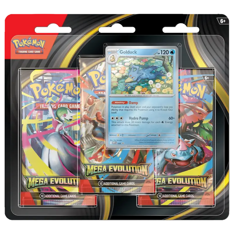 Mega Evolution 3-Pack Blister (Live-stream) featuring Golduck card and booster packs.