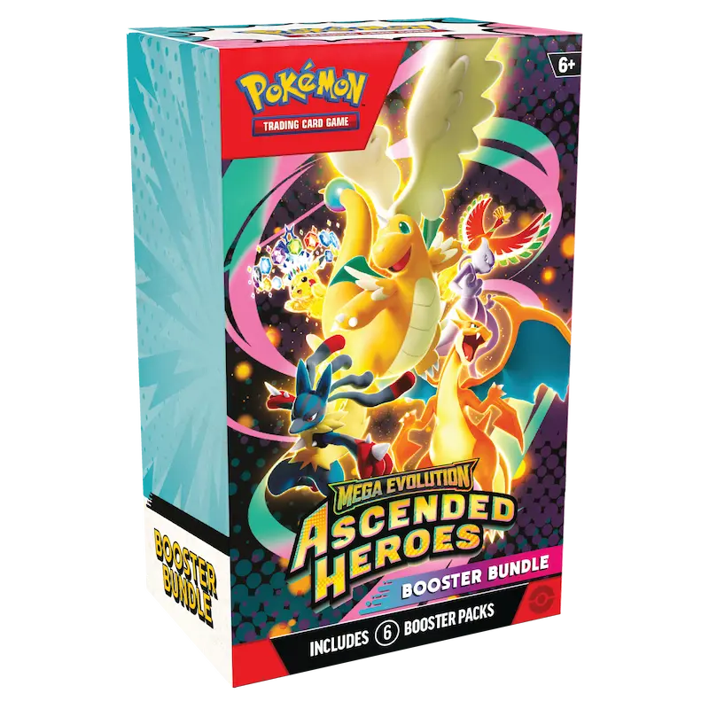 Ascended Heroes Booster Bundel featuring 6 booster packs from the Pokémon Trading Card Game Mega Evolution era.