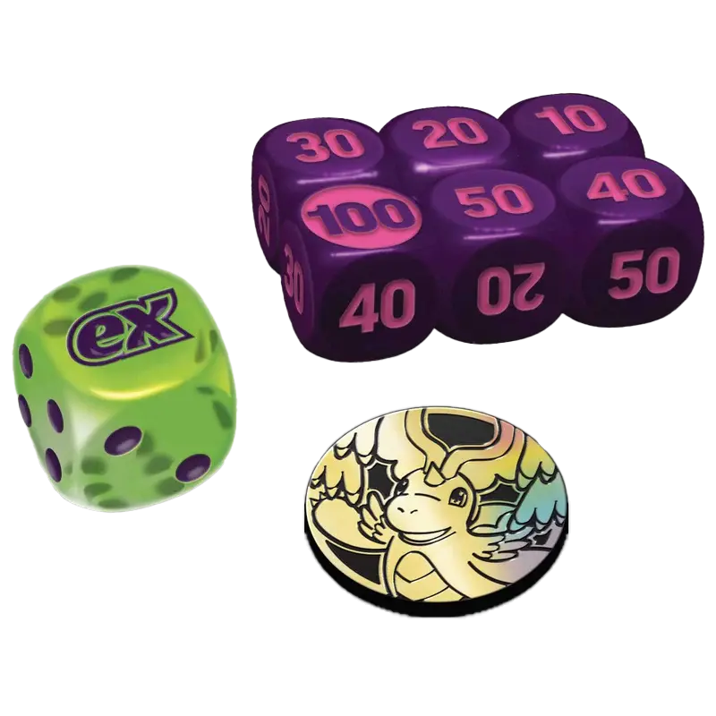 Ascended Heroes Elite Trainer Box game components including dice and markers for gameplay.