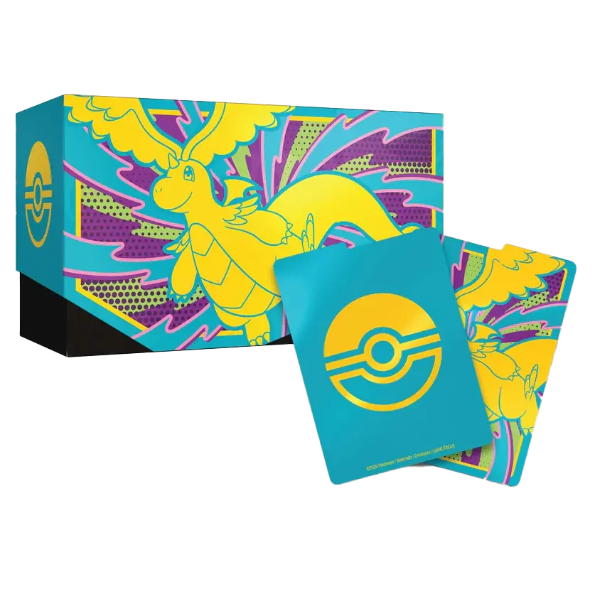 Ascended Heroes Elite Trainer Box featuring Mega Dragonite and booster pack design, vibrant colors, Pokémon TCG.