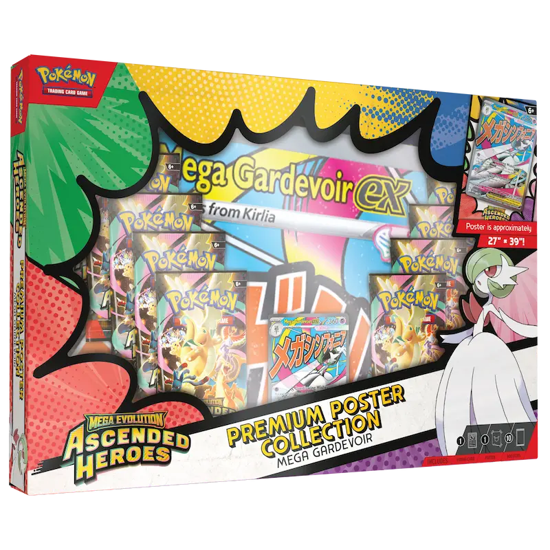 Mega Gardevoir Poster Collection featuring booster packs and a Mega Gardevoir poster.