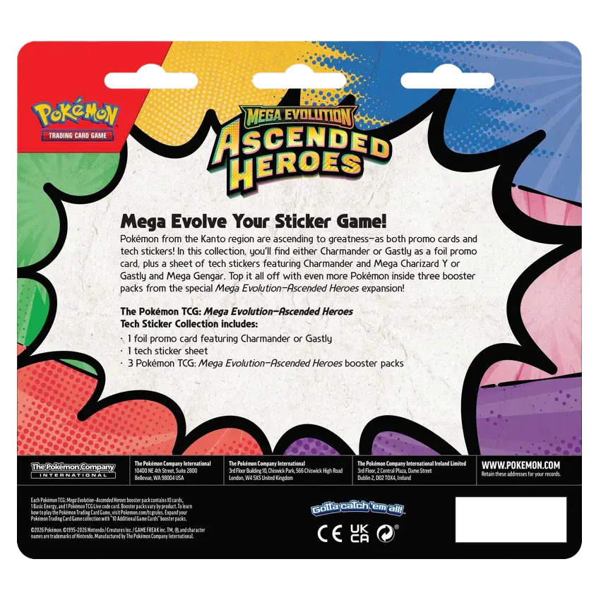 Ascended Heroes Tech Sticker Collection back packaging showcasing Mega Evolve Your Sticker Game details.