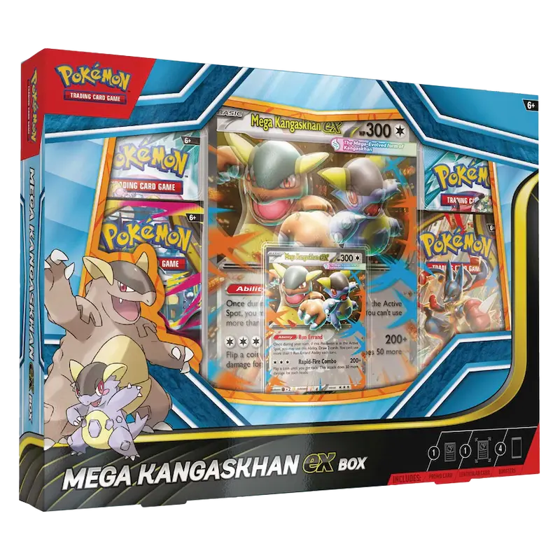 Mega Kangaskhan EX Box featuring promo card, booster packs, and lenticular card for Pokémon collectors.