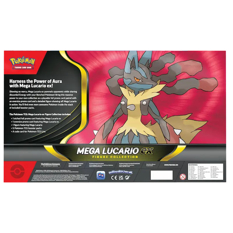 Mega Lucario Figure Collection box displaying Mega Lucario ex and featuring details about the collection.