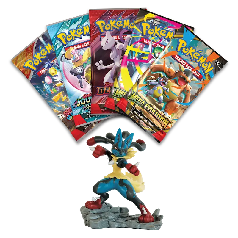 Mega Lucario Figure Collection with Mega Lucario figure and five Pokémon TCG booster packs.