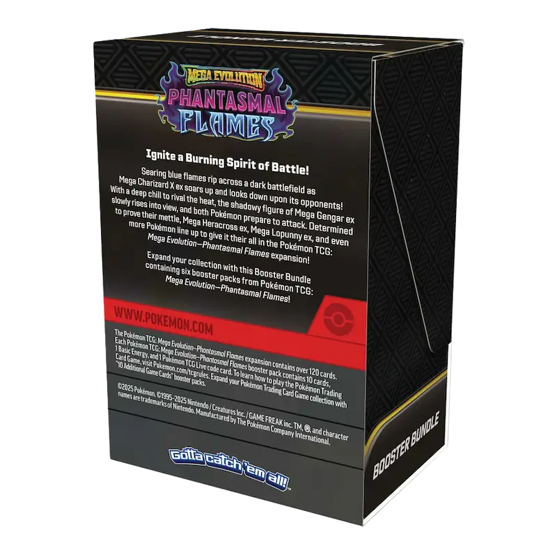 Phantasmal Flames Booster Bundle box featuring Mega Evolution themed artwork and details.