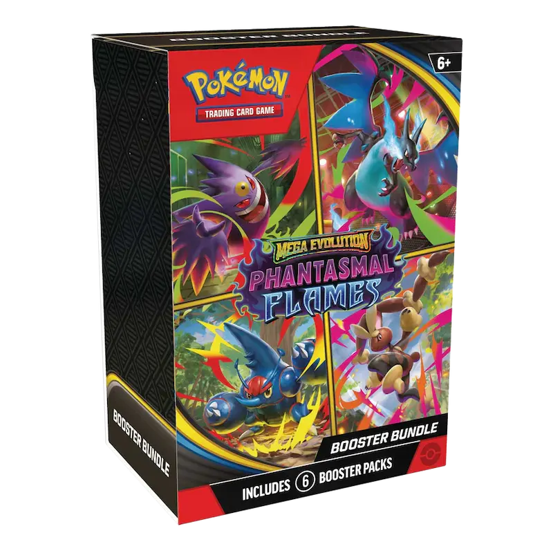 Phantasmal Flames Booster Bundle featuring 6 Pokémon booster packs from the Mega Evolution series.