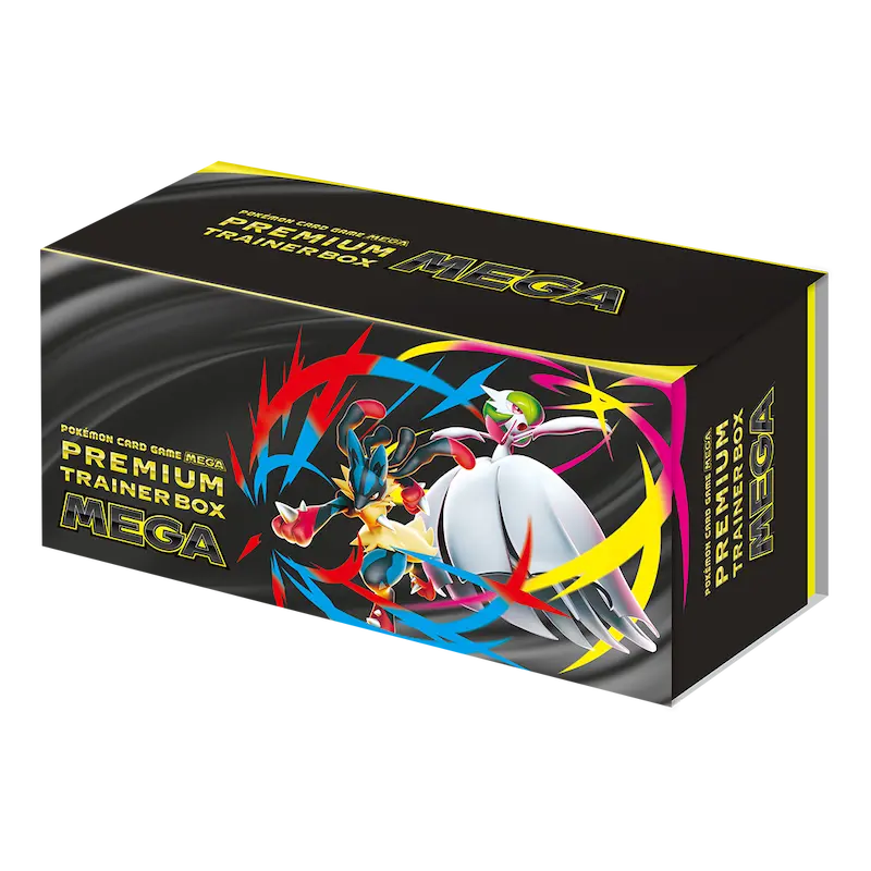 Mega Premium Trainer Box featuring vibrant artwork and Pokémon characters, perfect for collectors and players.