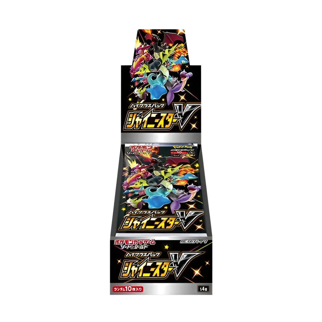 Shiny Star V Booster Box showcasing vibrant cover art and displaying multiple booster packs inside.